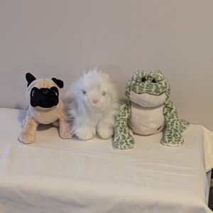 GANZ Plush Set - Tan Pug, White Cat, Green Frog